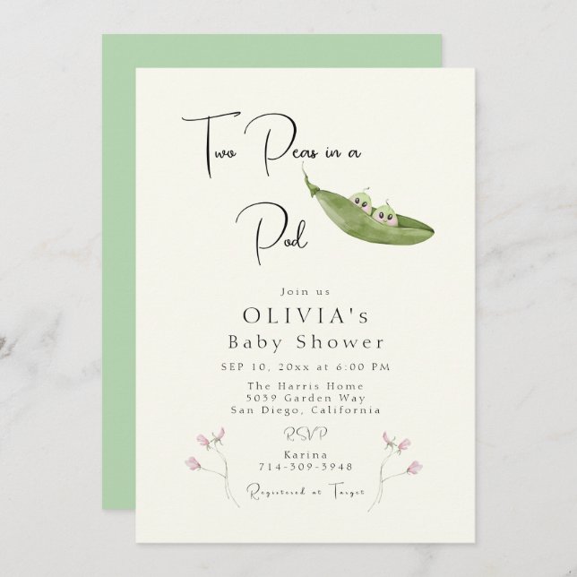 Invitación Dos maricas en un Baby Shower Chica de Pod (Anverso / Reverso)
