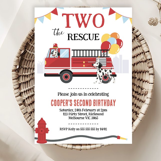 Invitación Dos modernos el motor de rescate de incendios segu (Two The Rescue 2nd Birthday Invitation Template Boy, Fire Engine 2nd Birthday Invitation, Dalmatians)