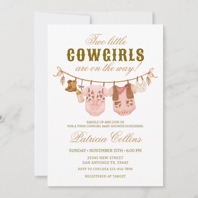 Invitación Dos niñas gemelas Clothsline Baby Shower (Anverso)