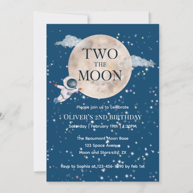 Invitación Dos Niño de la Luna Astronauta Espacial Cumpleaños (Anverso)
