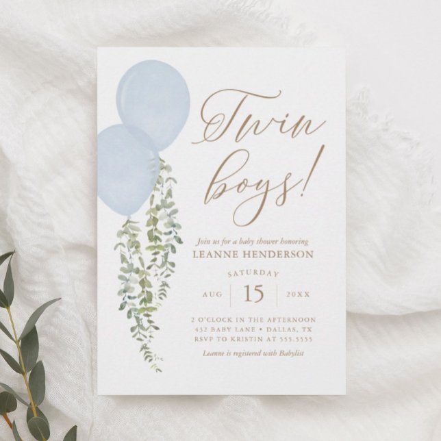Invitación Dos niños Balón azul Eucalyptus Baby Shower (Subido por el creador)