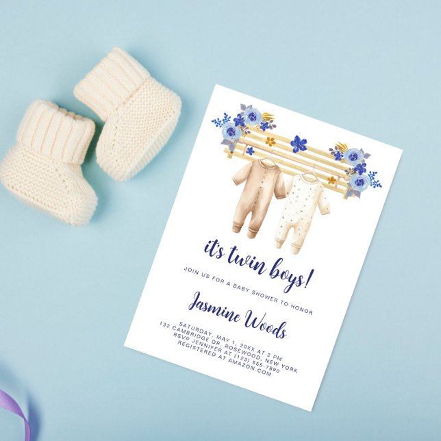 Invitación Dos niños Blue Floral Boho Laundry Baby Shower (Subido por el creador)