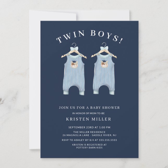 Invitación Dos niños con doble oso Romper Baby Shower (Anverso)