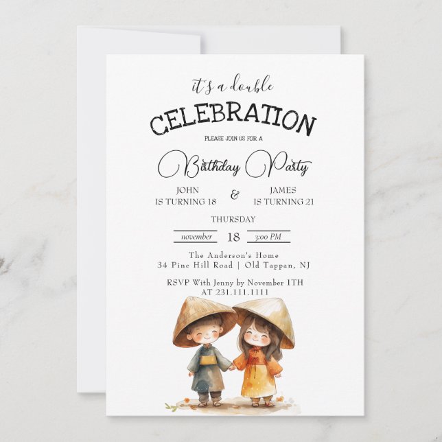 Invitación Dos niños en el este de Asia: Fiesta de cumpleaños (Anverso)