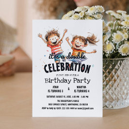 Invitación Dos niños felices fiesta de cumpleaños doble