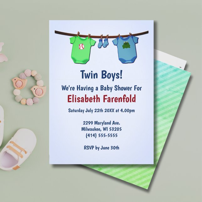 Invitación Dos niños gemelos cierran la línea azul y verde Ba (Twin Boys Close Line Blue & Green Baby Shower Invitation)