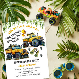 Invitación Dos niños gemelos Safari Jungle Monster Truck Cump