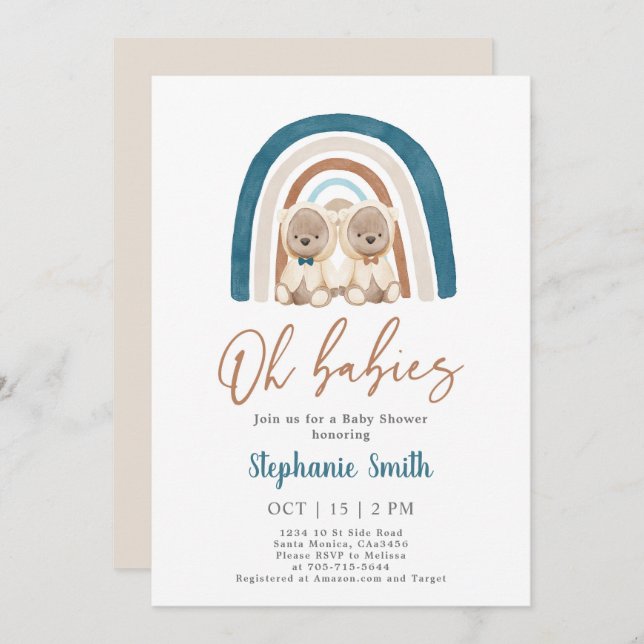 Invitación Dos niños gemelos Teddy Bear Rainbow Baby Shower (Anverso / Reverso)