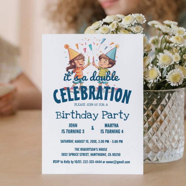 Invitación Dos Niños Y Confetti Fiesta De Cumpleaños Doble (Subido por el creador)