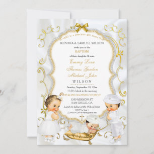 Invitación Dos niños y una niña, bautizo, oro