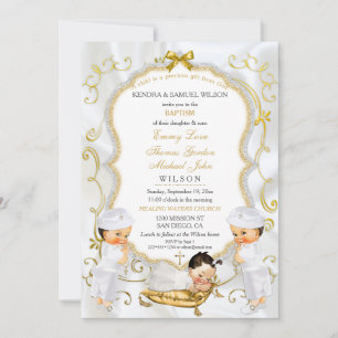 Invitación Dos niños y una niña, bautizo, oro, Inv