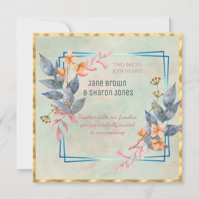 Invitación Dos Novias Boda Lesbiana Aquarela Flores (Anverso)