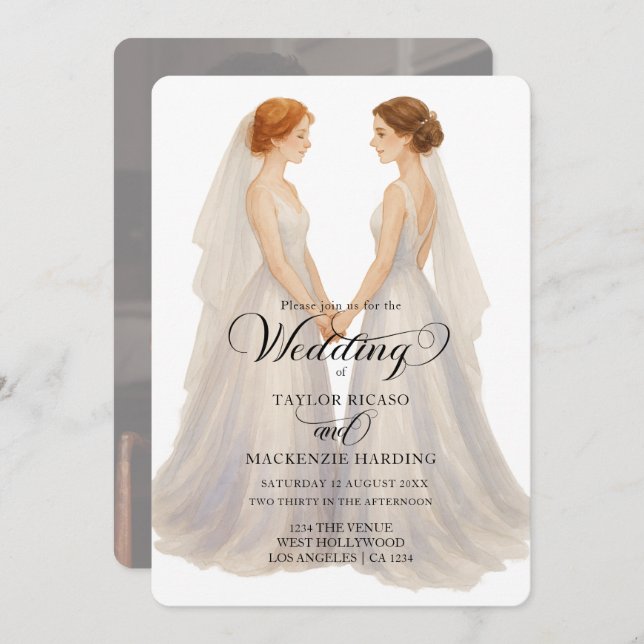 Invitación Dos novias con vestidos de Boda foto (Anverso / Reverso)