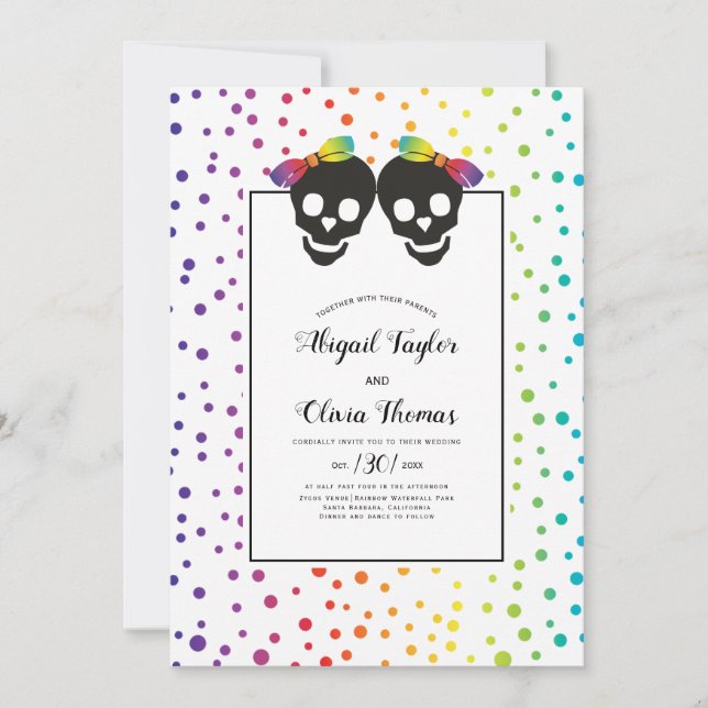 Invitación Dos novias de cráneo, boda lesbiana confetti (Anverso)