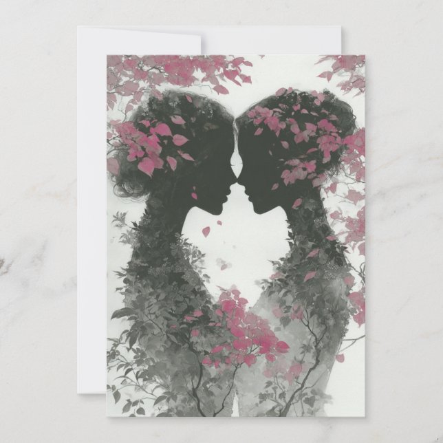 Invitación Dos novias dibujadas a lápiz rosa y negro (Anverso)