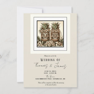 Invitación Dos novios cabeza de tiki de piña gay retro boda