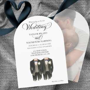 Invitación Dos novios en una foto de un Boda gay con lazos de