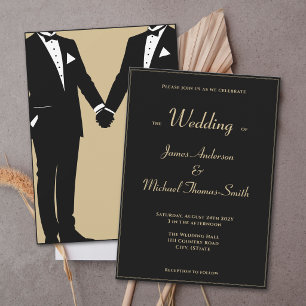 Invitación Dos novios esmoquin elegante negro dorado boda
