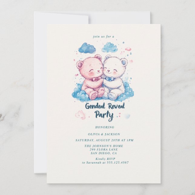 Invitación Dos ositos de peluche Fiesta de revelación de géne (Anverso)