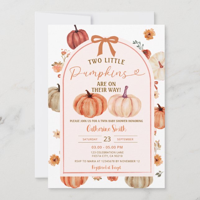 Invitación Dos otoño Botumn Boho calabaza gemelos bebé ducha (Anverso)