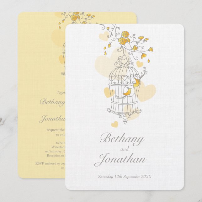 Invitación Dos pájaros amarillos boda de jaulas abiertas (Anverso / Reverso)