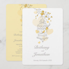 Invitación Dos pájaros amarillos boda de jaulas abiertas
