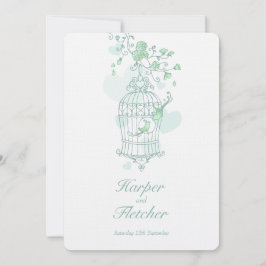 Invitación Dos pájaros amorosos abiertos boda de jaulas verde