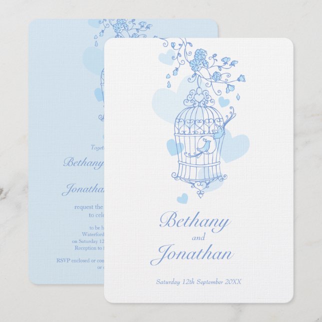 Invitación Dos pájaros azules boda de jaulas abiertas (Anverso / Reverso)