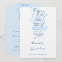 Invitación Dos pájaros azules boda de jaulas abiertas