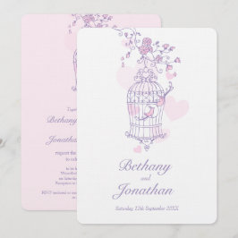 Invitación Dos pájaros rosados abren corazones de pájaros bod