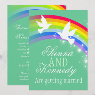 Invitación Dos palomas blancas color verde boda arcoiris invi