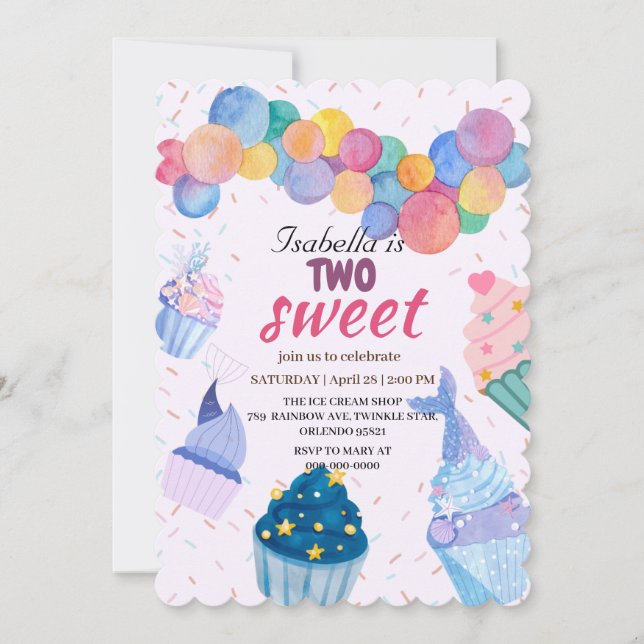 Invitación Dos pasteles de taza dulce y Chica de sirena de se (Anverso)