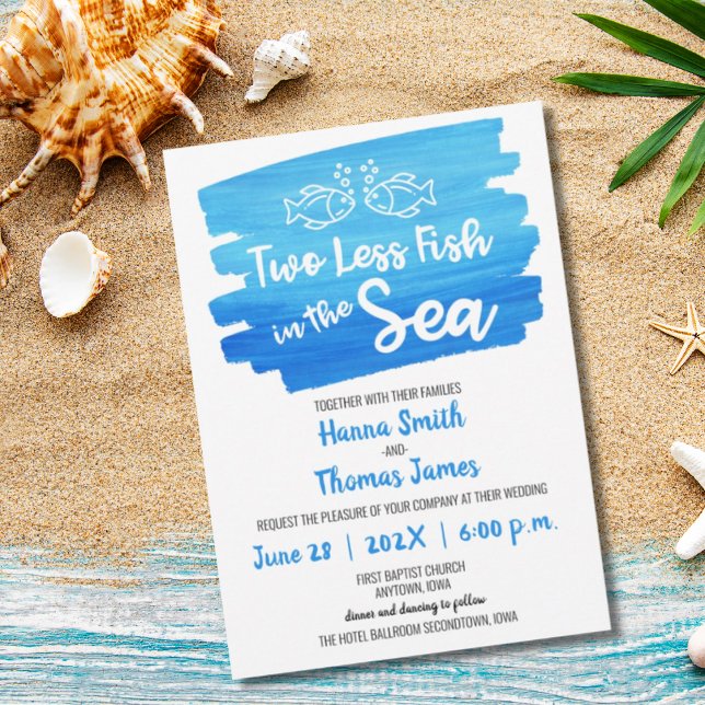 Invitación Dos peces menos en el Boda acuarela del mar (two less fish in the sea watercolor cartoon whimsical)