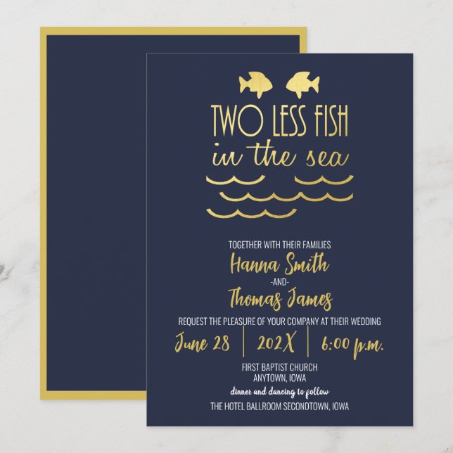 Invitación Dos peces menos en la marina de mar Boda elegante  (Anverso / Reverso)