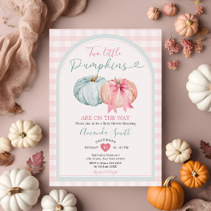 Invitación Dos pequeñas calabaza azul y rosa Gingham Baby Sho