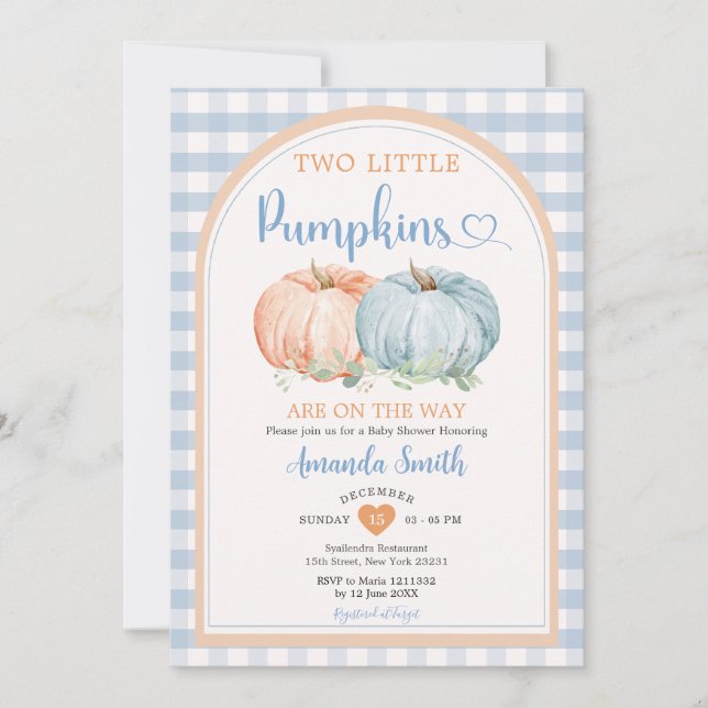 Invitación Dos pequeñas calabazas azul Gingham Naranja Baby S (Anverso)