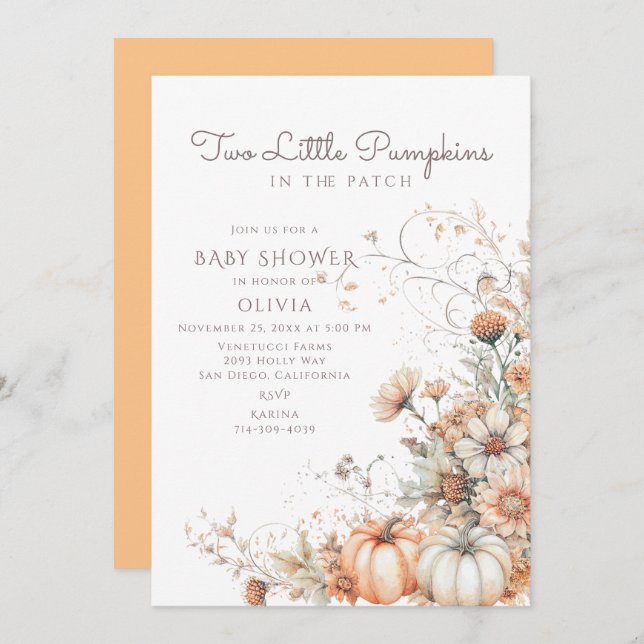 Invitación Dos pequeñas calabazas Baby Shower (Anverso / Reverso)