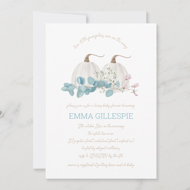 Invitación Dos pequeñas calabazas caen gemelos Baby Shower (Anverso)