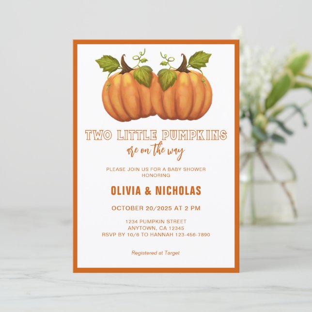 Invitación Dos pequeñas calabazas gemelas Baby Shower otoño m (Anverso de pie)