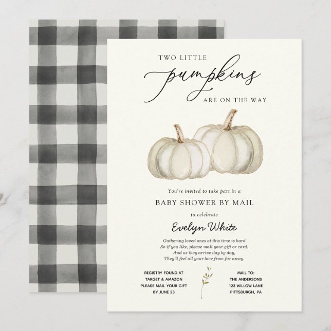 Invitación Dos pequeñas calabazas gemelas Baby Shower por cor (Anverso / Reverso)