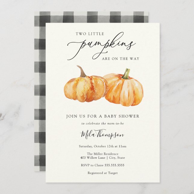 Invitación Dos pequeñas calabazas gemelas invitan a Baby Show (Anverso / Reverso)