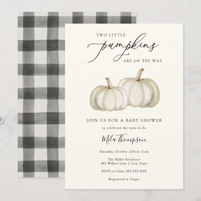 Invitación Dos pequeñas calabazas gemelas invitan a Baby Show (Anverso / Reverso)