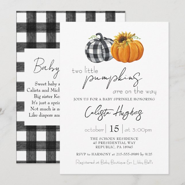 Invitación Dos pequeñas calabazas Gemelos de girasol Bebé Esp (Anverso / Reverso)