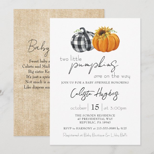 Invitación Dos pequeñas calabazas Gemelos de girasol Bebé Esp (Anverso / Reverso)