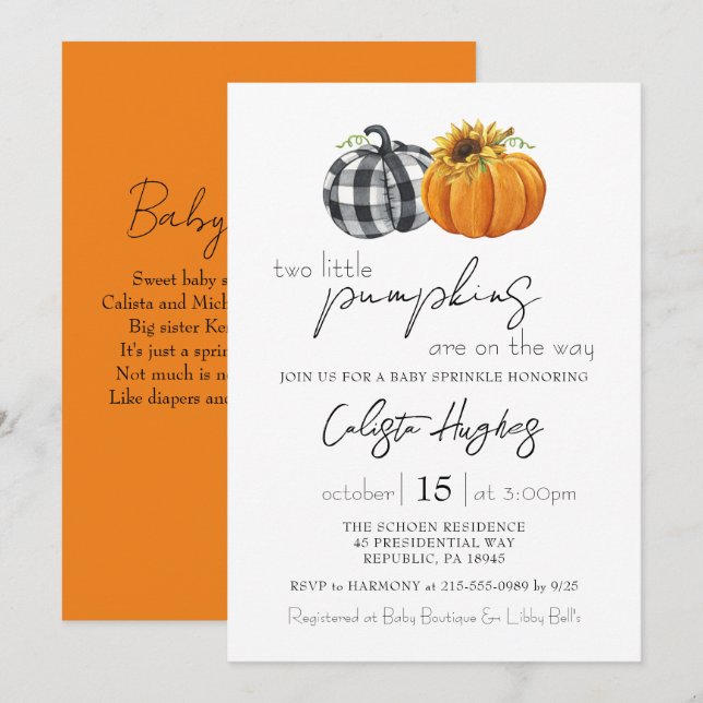 Invitación Dos pequeñas calabazas Gemelos de girasol Bebé Esp (Anverso / Reverso)