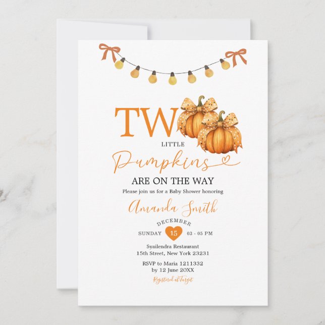 Invitación Dos pequeñas calabazas iluminan Baby Shower (Anverso)