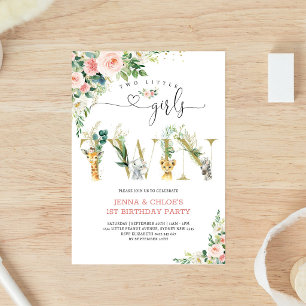 Invitación Dos Pequeñas Gemelas Animales Florales Cumpleaños