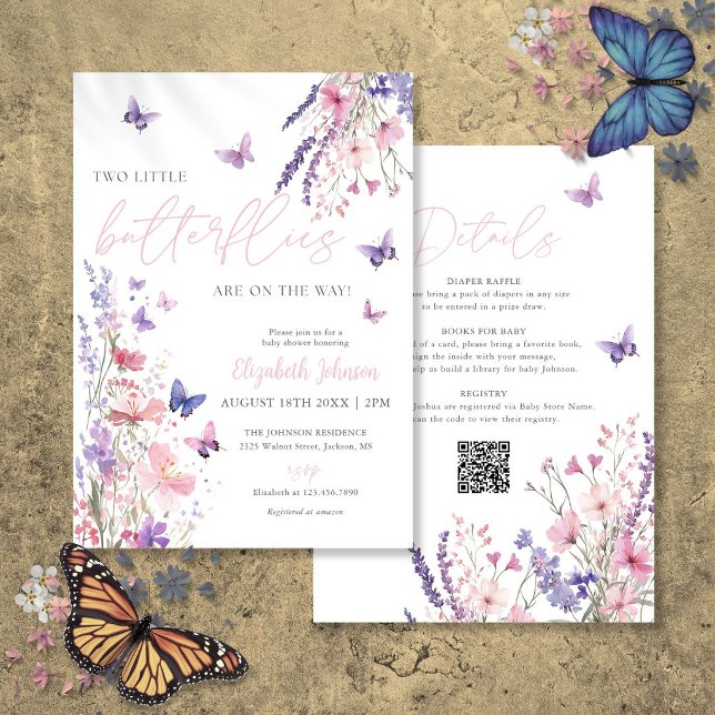 Invitación Dos Pequeñas Mariposas Cumpleaños Gemelar de Bebé  (Two Little Butterflies Twin Baby Shower All In One Invitation)