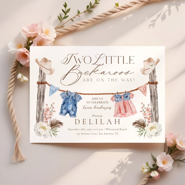 Invitación Dos pequeños Buckaroos van camino a Baby Shower (Two Little Buckaroos Are on The Way Baby Shower Invitation)