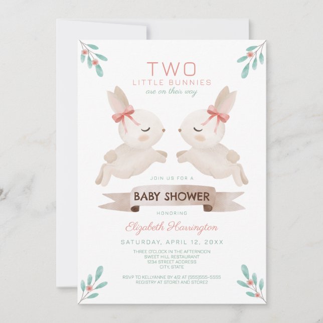 Invitación Dos pequeños conejitos Chicas gemelos Baby Shower (Anverso)